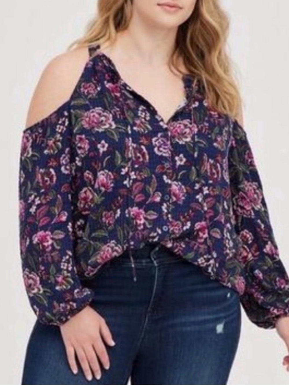 torrid Navy Cold-Shoulder Floral Blouse with Pink Accents